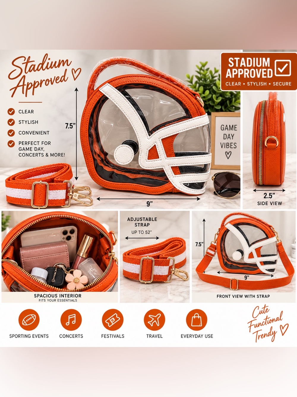 Clear Orange Football Helmet Crossbody Bag by